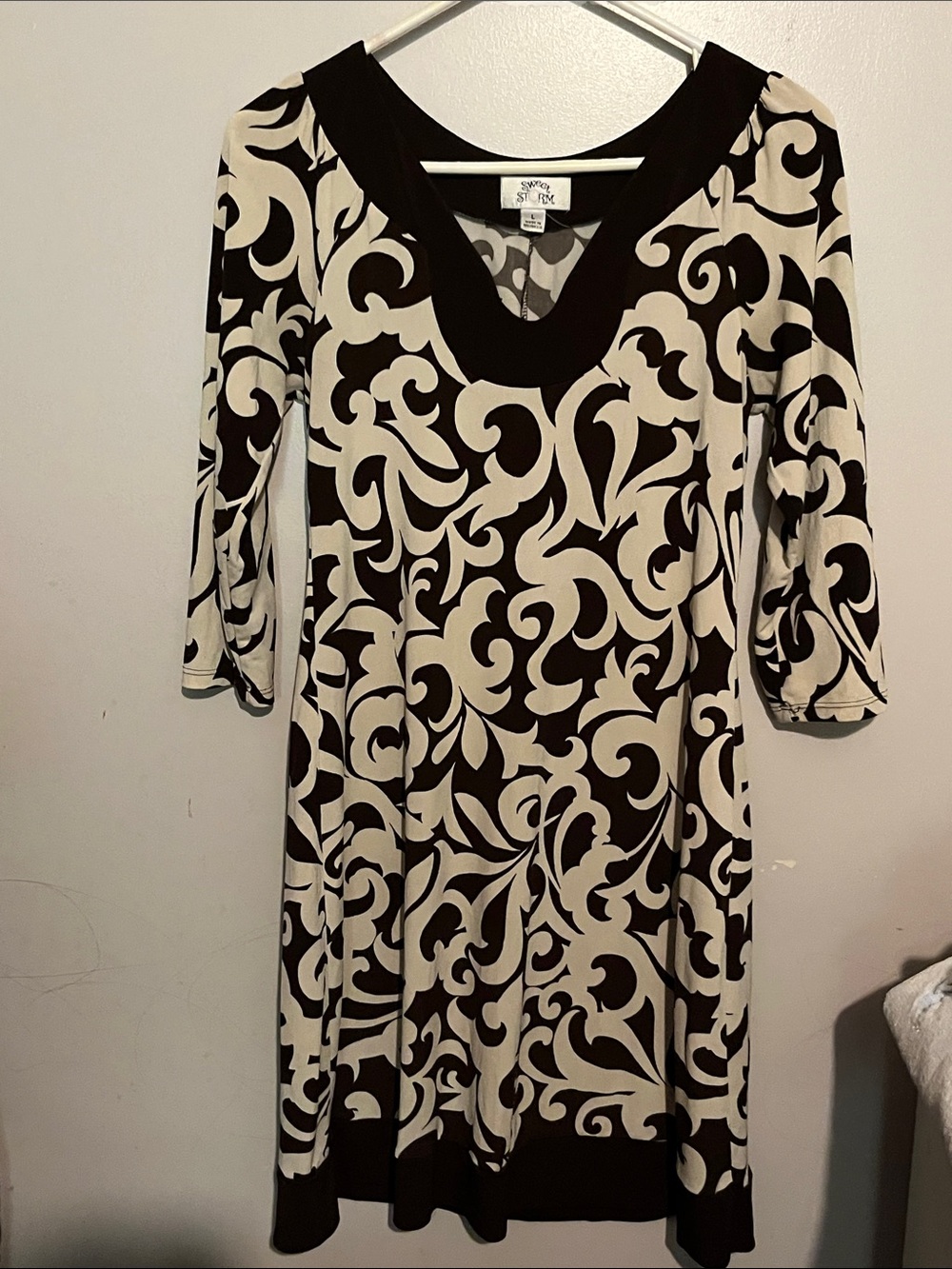Sweet Storm Brown and Cream V-Neck Long Sleeve Dress